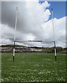 Falcon depictions on top of rugby goalposts, Abertysswg