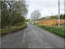 NN5358 : Road (B846) and lumber near to Rannoch Power Station by Peter Wood