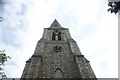 Looking up at the spire of St. John