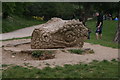 View of a dinosaur skull statue at the top of Crystal Palace Park