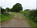 Gated farm track and footpath off Newcastle Road (A53)