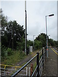 ST1494 : Telecoms mast at the edge of Ystrad Mynach railway station by Jaggery