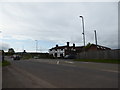 View to  half timbered building across the crossroads from The Trumpet