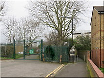 TQ3690 : Allotment gates and footpath, Walthamstow by Malc McDonald