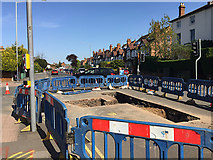 SP2965 : A hole in Emscote Road with three-way traffic control round it, Warwick by Robin Stott