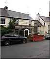 Skip and scaffolding in Usk, Monmouthshire