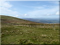 SJ0732 : Fenceline on the Berwyn ridge with distant views westwards by Jeremy Bolwell