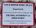 SS9379 : Coychurch railway bridge identifier by Jaggery