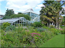 TL4557 : Flower beds, trees and greenhouses, Cambridge University Botanical Garden by Ruth Sharville