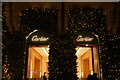 View of Christmas lights on the front of Cartier