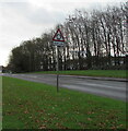 SS9380 : Warning sign - roundabout 200 yds, Simonston Road, Bridgend by Jaggery