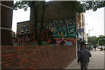 TQ3482 : View of street art on the side of Falcon Food Express on Bethnal Green Road by Robert Lamb