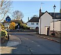 Mandatory right turn sign, Usk town centre