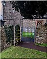 SO0826 : Blue gate at the southern entrance to the churchyard, Llanhamlach, Powys by Jaggery