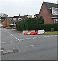 ST3090 : Red and white temporary barriers on a Malpas corner, Newport by Jaggery