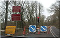 Traffic light on A40 next to River Usk