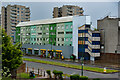 Thamesmead : block of flats in various hues of green