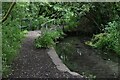 Shady footbridge and stream at Fovant