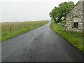 Minor road beside derelict buildings near Halcro