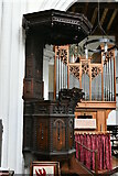 TF8709 : Necton, All Saints Church: Jacobean pulpit with tester, 1636 by Michael Garlick