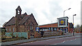 Old church and modern supermarket in Finchfield, Wolverhampton