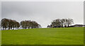 Farm buildings across field