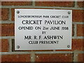 Plaque  on  Cricket  Pavilion  wall  opened  21st  June  1998