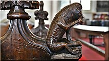 TM0458 : Stowmarket, St. Peter and St. Mary's Church: Early c16th monkey bench end 1 (alternative view) by Michael Garlick