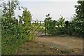 Gate to a disused site with a pond