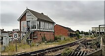 TF0645 : Sleaford East Signal Box and tracks into station from the east by Luke Shaw