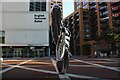 View of a statue of ballet shoes in front of the English National Ballet offices on City Island