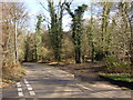 Road junction at end of bridleway across Hydon Heath, Hambledon