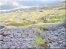 SH5560 : The bottom of the incline and the lower waste tip tier of Cefn Du Quarry by Eric Jones