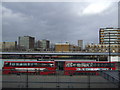 Canning Town, bus station and tower blocks