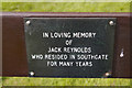 Plaque on seat on Southgate Green, London N14.