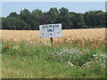 Sign by track to Kirton Lodge, with wheat field and woodland beyond