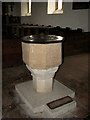 TF9624 : St Helen's church - baptismal font by Evelyn Simak