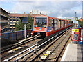 Docklands Light Railway train 11 departing from Westferry station